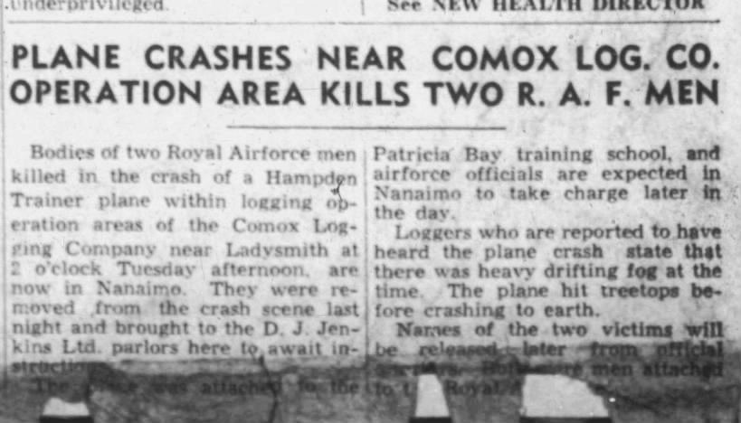 Fearnley crash Nanaimo Daily Dec. 1, 1943.