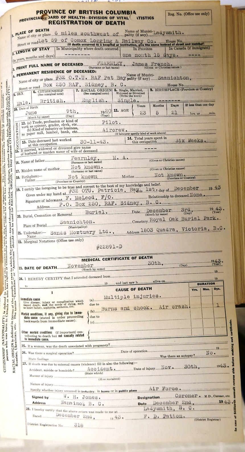 James Fearnley death registration 1943